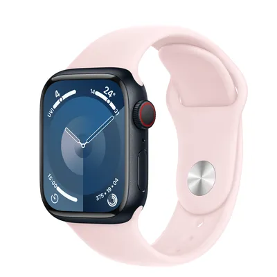 Apple Watch Series 9 GPS + Cellular, 41mm Midnight Aluminium Case with Light Pink Sport Band - S/M
