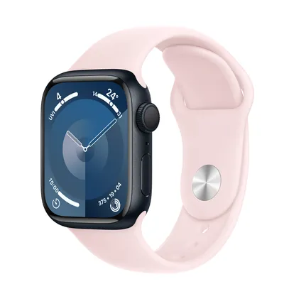 Apple Watch Series 9 GPS, 41mm Midnight Aluminium Case with Light Pink Sport Band - S/M