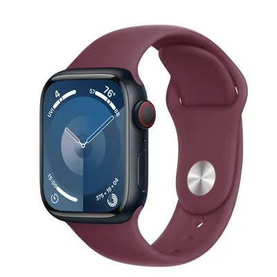 Apple Watch Series 9 GPS + Cellular, 41mm Midnight Aluminum Case with Mulberry Sport Band - S/M