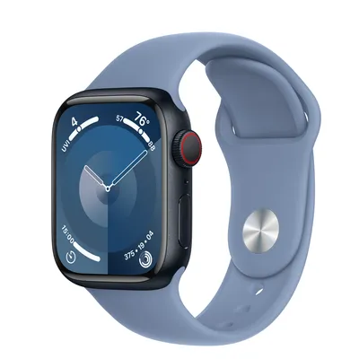Apple Watch Series 9 GPS + Cellular, 41mm Midnight Aluminum Case with Winter Blue Sport Band - S/M