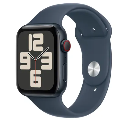 Apple Watch SE GPS + Cellular, 44mm Midnight Aluminium Case with Storm Blue Sport Band - S/M