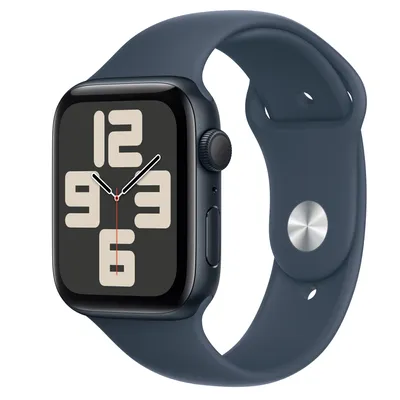 Apple Watch SE GPS, 44mm Midnight Aluminium Case with Storm Blue Sport Band - S/M