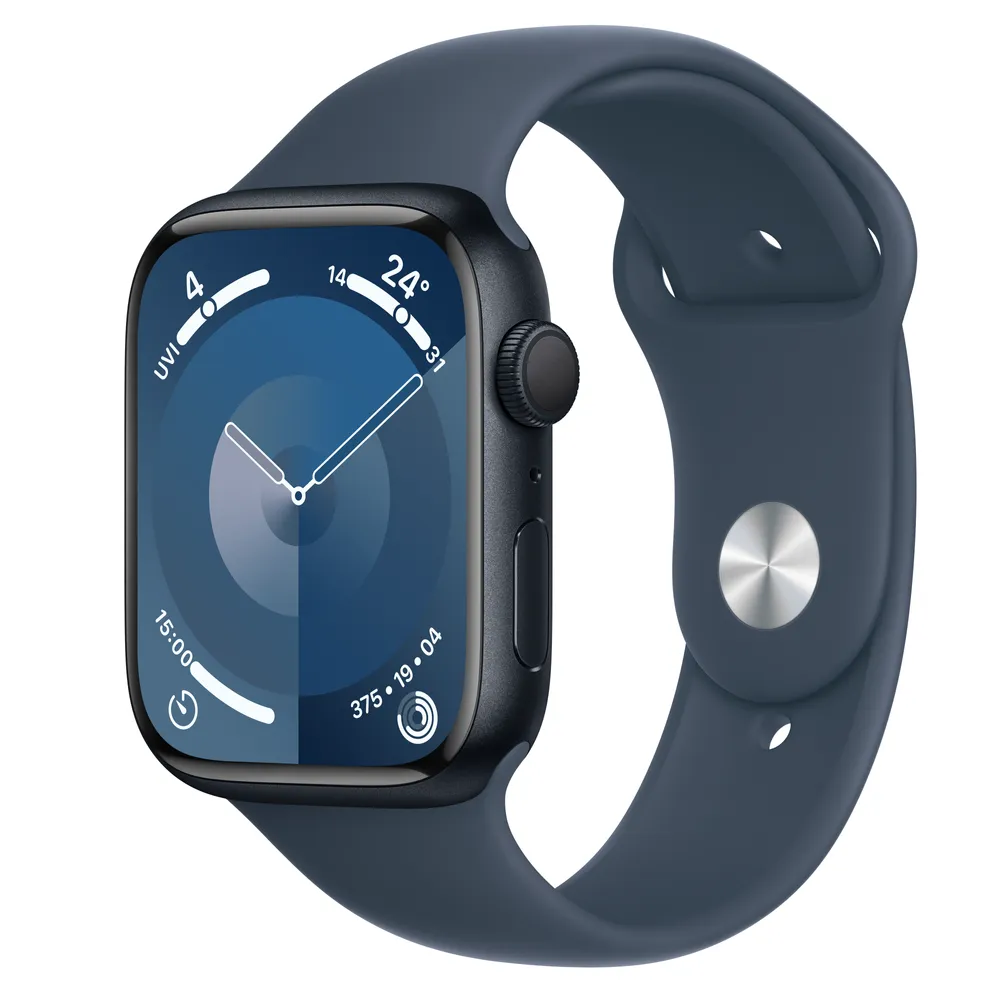 Apple Watch Series 9 GPS, 45mm Midnight Aluminium Case with Storm Blue Sport Band - S/M