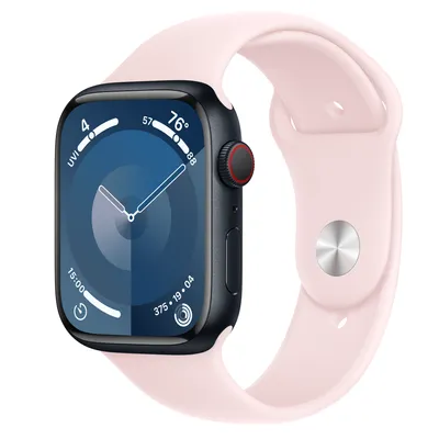 Apple Watch Series 9 GPS + Cellular, 45mm Midnight Aluminum Case with Light Pink Sport Band - S/M