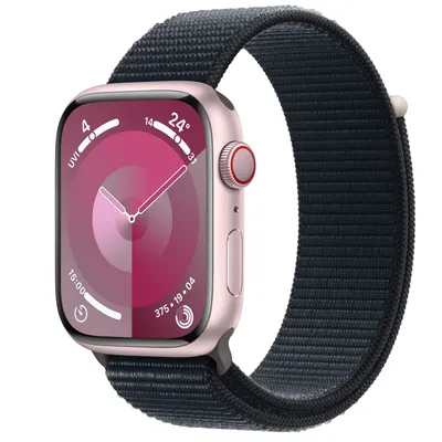 Apple Watch Series 9 GPS + Cellular, 45mm Pink Aluminium Case with Midnight Sport Loop