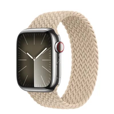 Apple Watch Series 9 GPS + Cellular, 41mm Silver Stainless Steel Case with Beige Braided Solo Loop - Size 1