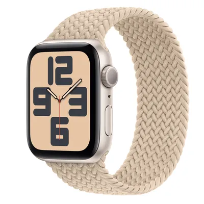 Apple Watch SE GPS, 44mm Starlight Aluminium Case with Beige Braided Solo Loop - Size 1