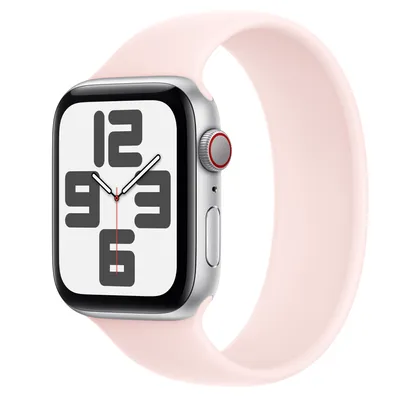 Apple Watch SE GPS + Cellular, 44mm Silver Aluminum Case with Light Pink Solo Loop - Size 1