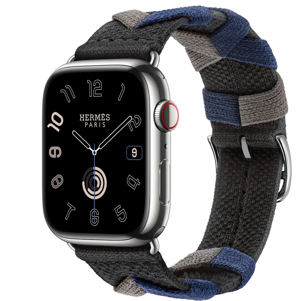 Apple Watch Hermès Series 9 GPS + Cellular, 45mm Silver Stainless Steel  Case with Noir Bridon Single Tour