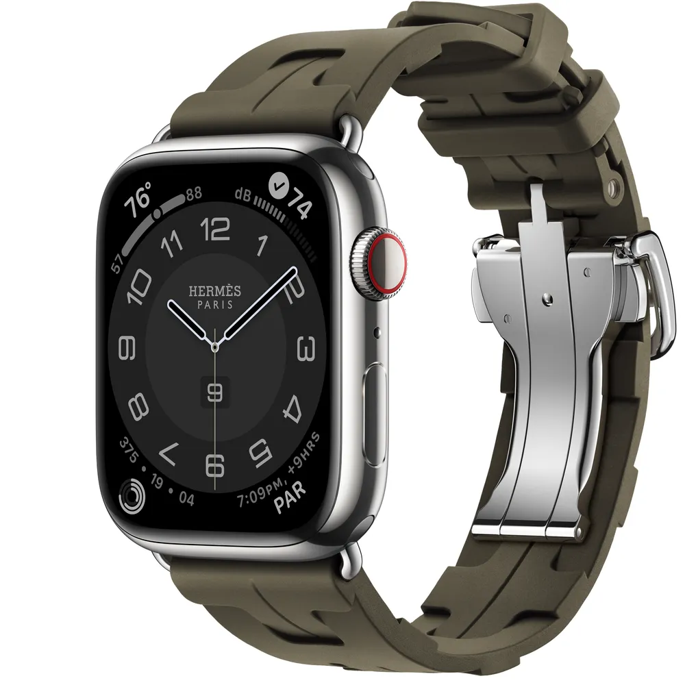 Apple Watch Hermès Series 9 GPS + Cellular, 45mm Silver Stainless Steel Case with Kaki Kilim Single Tour