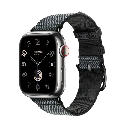 Apple Watch Hermès Series 9 GPS + Cellular, 41mm Silver Stainless Steel Case with Denim/Noir Toile H Single Tour