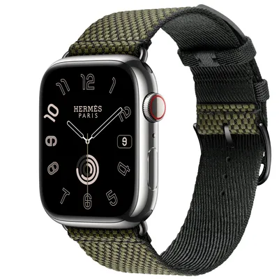 Apple Watch Hermès Series 9 GPS + Cellular, 45mm Silver Stainless Steel Case with Vert/Noir Toile H Single Tour