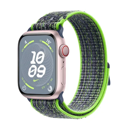 Apple Watch Series 9 GPS + Cellular, 41mm Pink Aluminum Case with Bright Green/Blue Nike Sport Loop