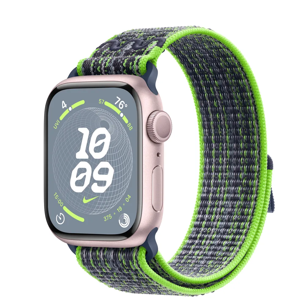 Apple Watch Series 9 GPS, 41mm Pink Aluminum Case with Bright Green/Blue Nike Sport Loop