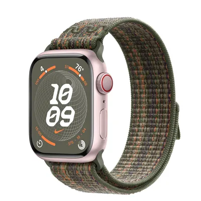 Apple Watch Series 9 GPS + Cellular, 41mm Pink Aluminum Case with Sequoia/Orange Nike Sport Loop