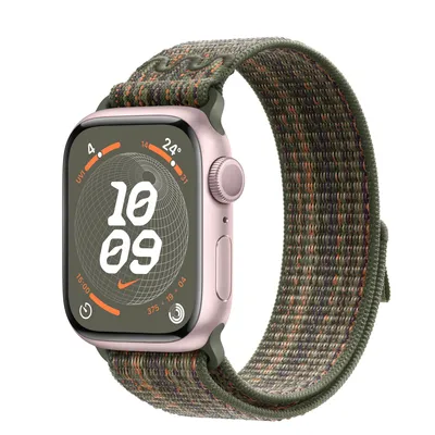 Apple Watch Series 9 GPS, 41mm Pink Aluminium Case with Sequoia/Orange Nike Sport Loop