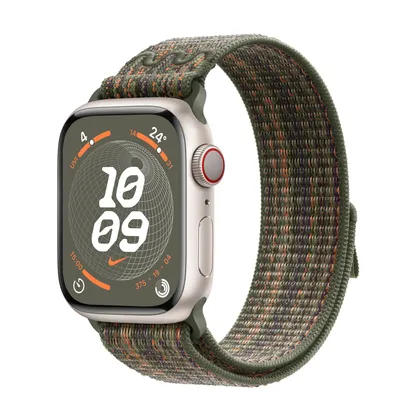 Apple Watch Series 9 GPS + Cellular, 41mm Starlight Aluminium Case with Sequoia/Orange Nike Sport Loop