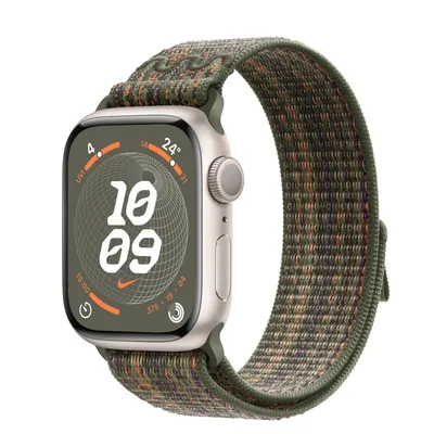 Apple Watch Series 9 GPS, 41mm Starlight Aluminium Case with Sequoia/Orange Nike Sport Loop