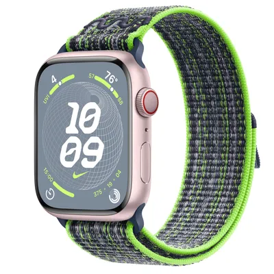 Apple Watch Series 9 GPS + Cellular, 45mm Pink Aluminum Case with Bright Green/Blue Nike Sport Loop