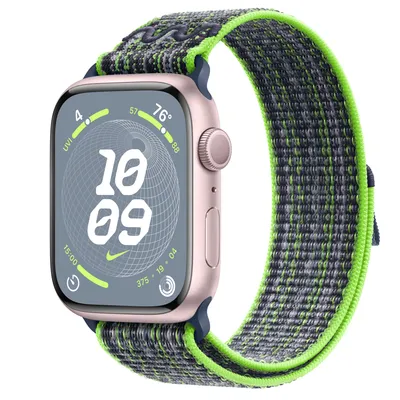 Apple Watch Series 9 GPS, 45mm Pink Aluminum Case with Bright Green/Blue Nike Sport Loop