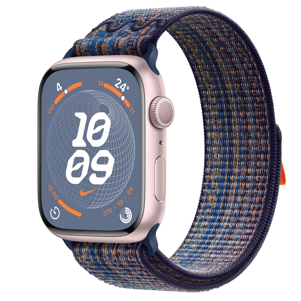 Apple Watch Series 9 GPS, 45mm Pink Aluminium Case with Game Royal/Orange Nike Sport Loop