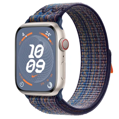 Apple Watch Series 9 GPS + Cellular, 45mm Starlight Aluminium Case with Game Royal/Orange Nike Sport Loop