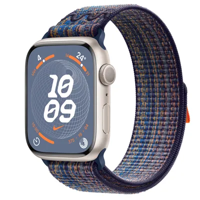 Apple Watch Series 9 GPS, 45mm Starlight Aluminium Case with Game Royal/Orange Nike Sport Loop