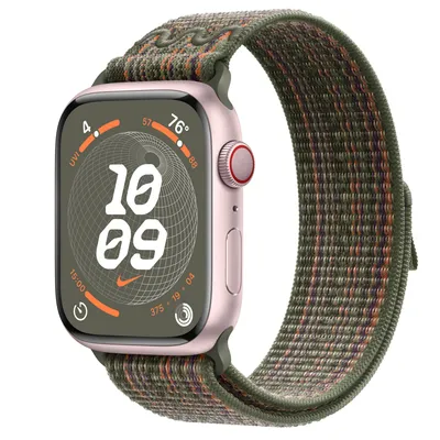 Apple Watch Series 9 GPS + Cellular, 45mm Pink Aluminum Case with Sequoia/Orange Nike Sport Loop