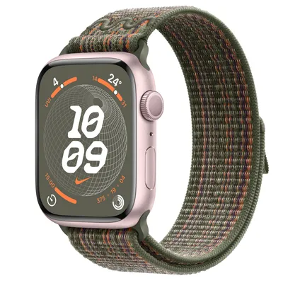 Apple Watch Series 9 GPS, 45mm Pink Aluminium Case with Sequoia/Orange Nike Sport Loop