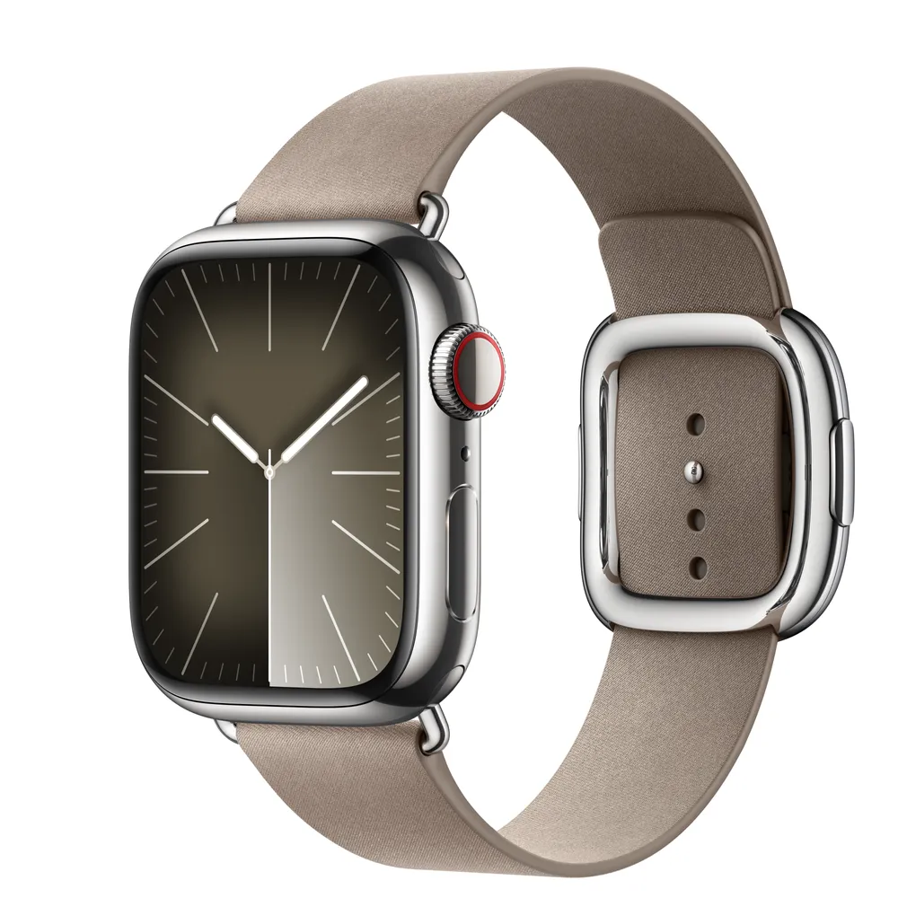 Apple Watch Series 9 GPS + Cellular, 41mm Silver Stainless Steel Case with Tan Modern Buckle - Small