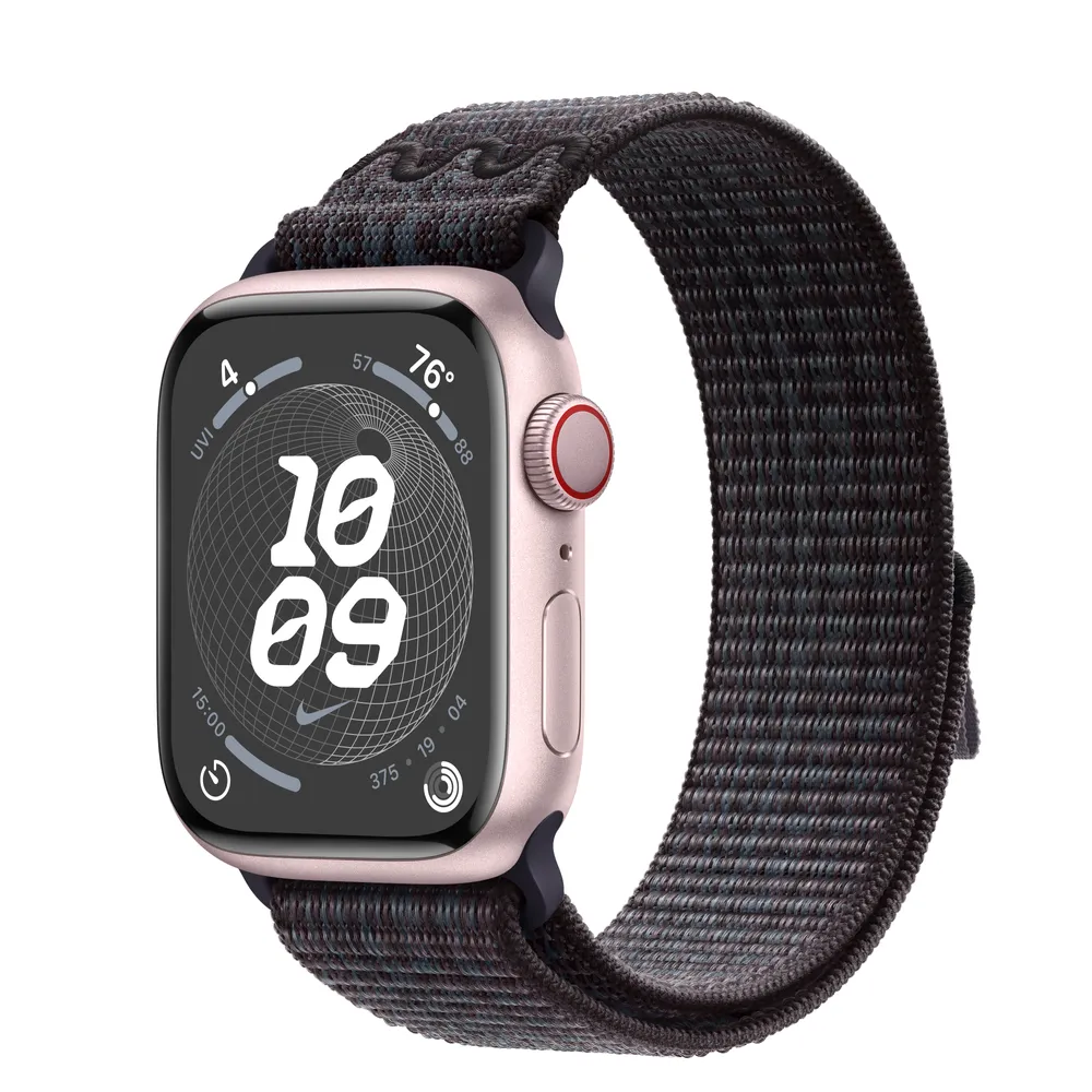 Apple Watch Series 9 GPS + Cellular, 41mm Pink Aluminum Case with Black/Blue Nike Sport Loop