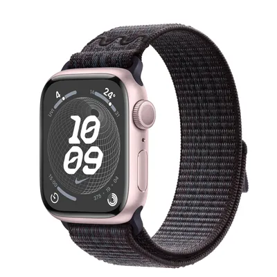 Apple Watch Series 9 GPS, 41mm Pink Aluminium Case with Black/Blue Nike Sport Loop