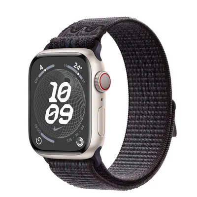 Apple Watch Series 9 GPS + Cellular, 41mm Starlight Aluminium Case with Black/Blue Nike Sport Loop