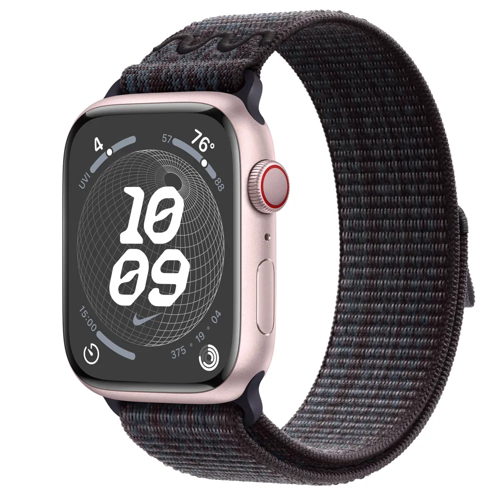 Apple Watch Series 9 GPS + Cellular, 45mm Pink Aluminum Case with Black/Blue Nike Sport Loop