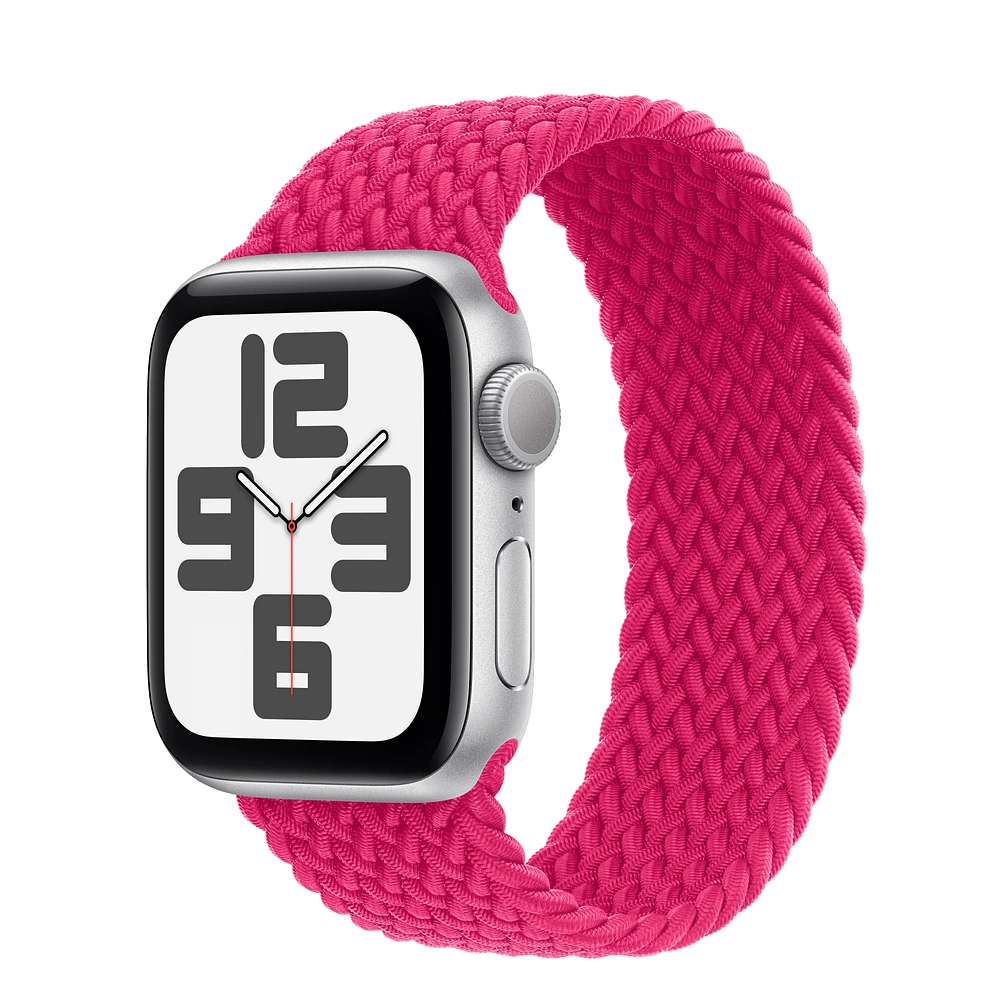 Apple Watch SE GPS, 40mm Silver Aluminium Case with Raspberry Braided Solo Loop