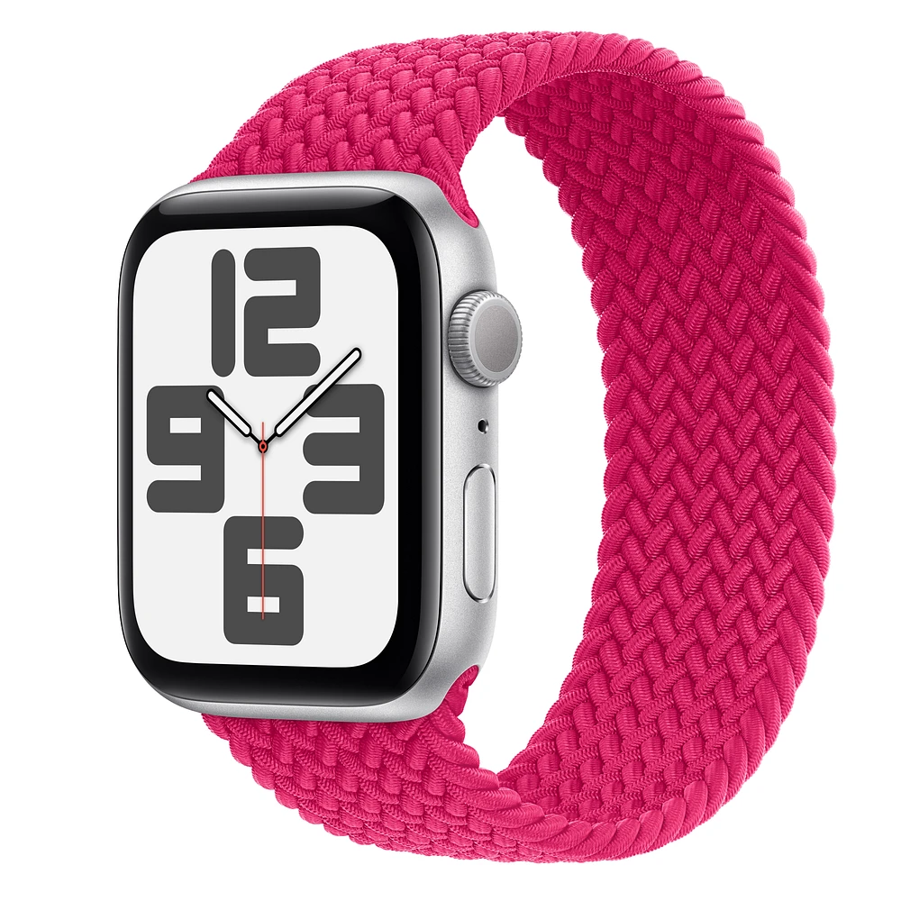 Apple Watch SE GPS, 44mm Silver Aluminium Case with Raspberry Braided Solo Loop
