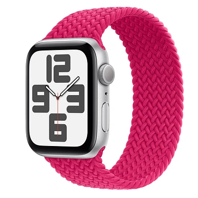 Apple Watch SE GPS, 44mm Silver Aluminum Case with Raspberry Braided Solo Loop
