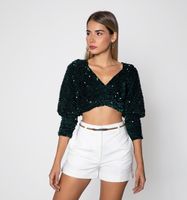 Blusa Crop Manga Larga De Lentejuelas