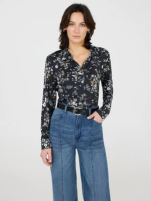 Floral Print Button-Front Classic Blouse