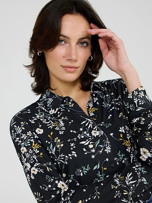 Floral Print Button-Front Classic Blouse