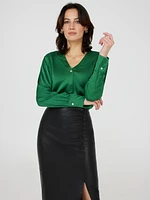 Satin V-Neck Button-Front Blouse