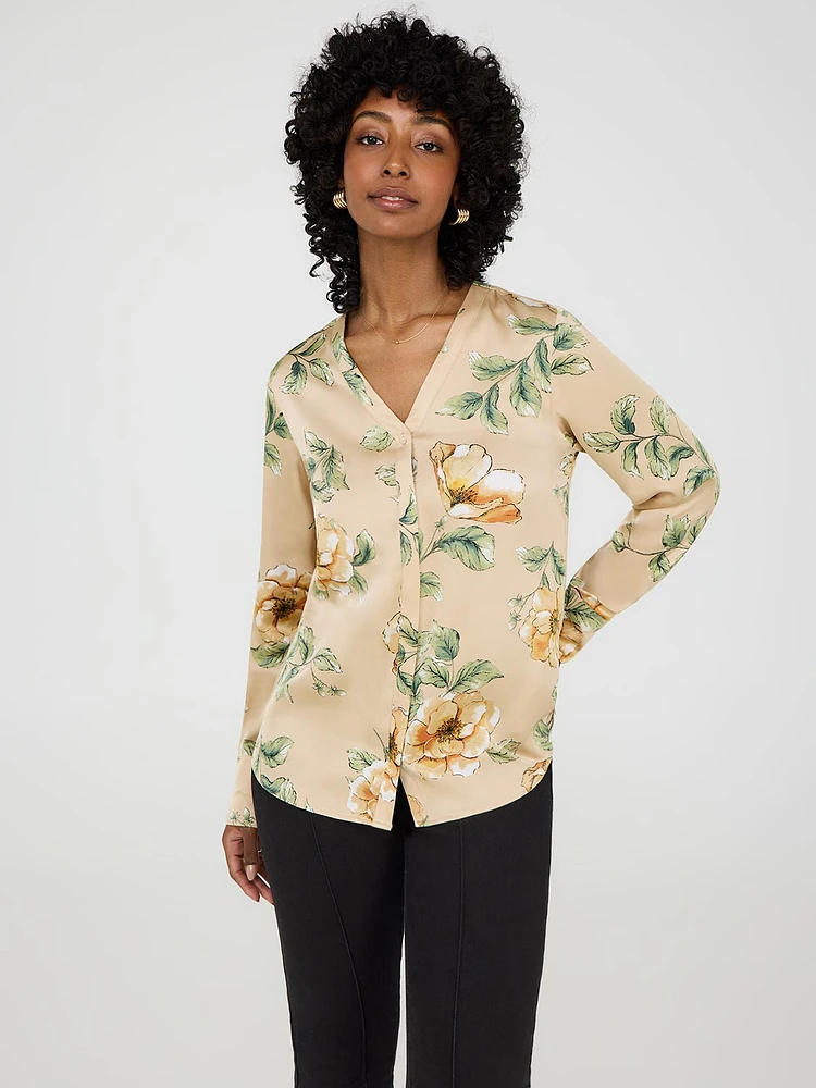 Printed Satin V-Neck Button-Front Blouse