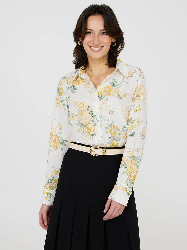 Floral Print Crepe Button-Front Blouse