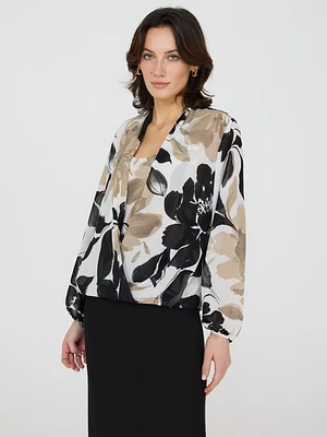 Floral Print Blouson Wrap Blouse