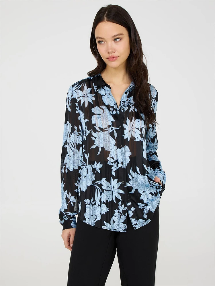 Floral Print Button-Front Chiffon Blouse