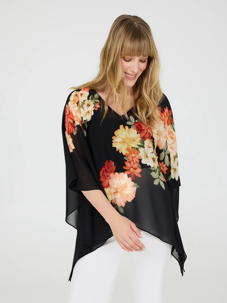 V-Neck Floral Poncho Blouse
