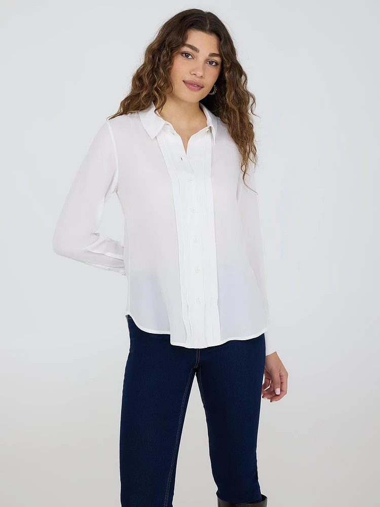 Pintuck Button-Front Chiffon Blouse