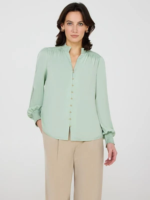 Satin Button-Front Blouse With Crochet Details