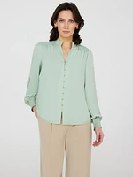 Satin Button-Front Blouse With Crochet Details