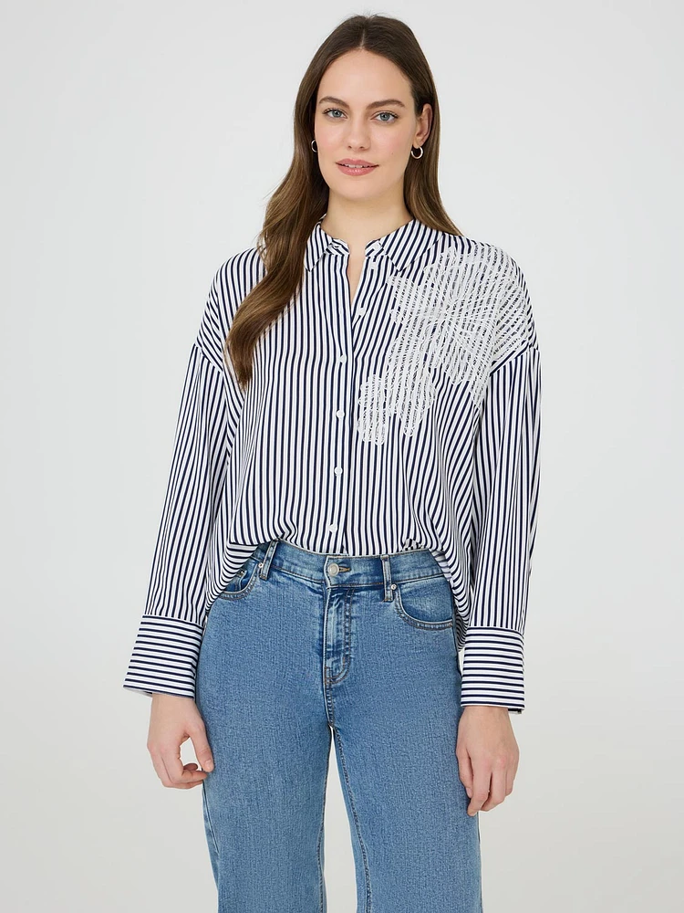 Floral Appliqué Striped Blouse